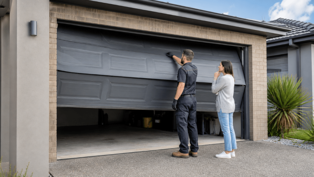 Technician inspecting a faulty garage door at a Dandenong home