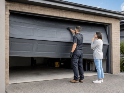 Technician inspecting a faulty garage door at a Dandenong home