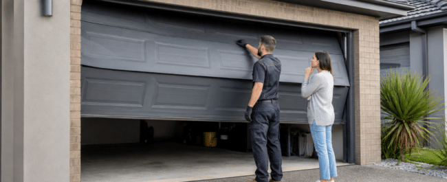 Technician inspecting a faulty garage door at a Dandenong home